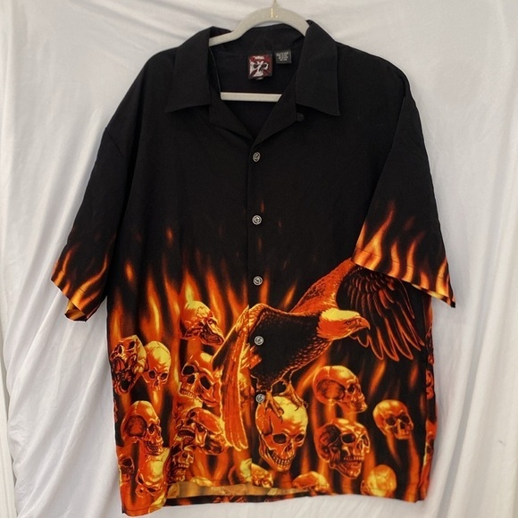 Dragonfly Men's Size XL fire skull eagle Shirt Black Short Sleeve Button - Picture 2 of 7